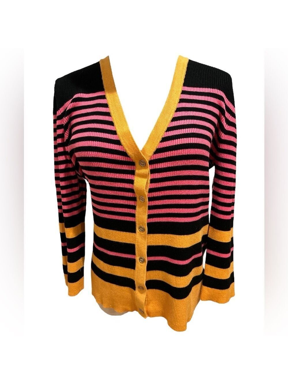 PREMISE PREPPY STRIPED BLACK PINK & BUTTERY GOLD CARDIGAN BUTTON FRONT SZ XL